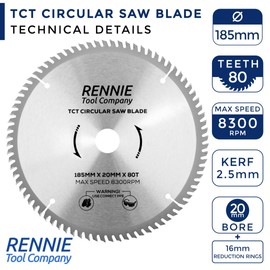 185mm x 20mm Bore x 80T TCT Saw Blade. 185mm Circular Saw Blade For Fine Cuts x 20mm Bore + 16mm Bore Reduction Rings Fits Evolution Bosch Makita Ryobi Dewalt Circular Saws Etc
