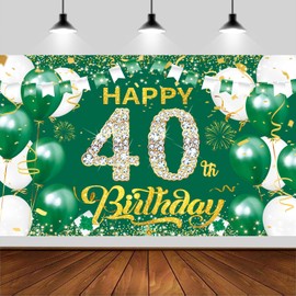 6x3.6ft Happy 40th Birthday Backdrop Banner,Green Gold Birthday Backdrop Sign, Happy Birthday Party Supplies Photo Background for Children Men Women.