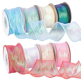 PH PandaHall 8 Colors Laser Rainbow Wired Chiffon Ribbon Wide Bendable Organza Ribbon Iridescent Laser Ribbon for Flowers Bouquet Packaging Valentines Christmas Decoration,1-1/2 Inch Wide
