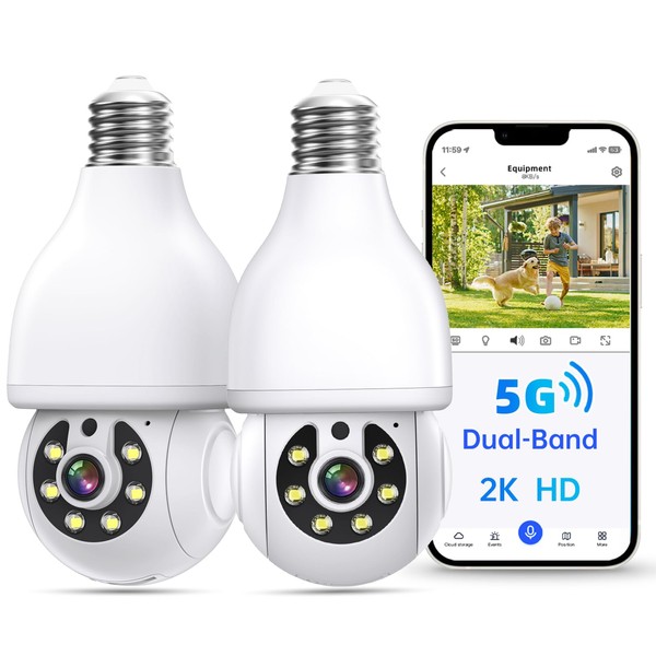 Light Bulb Security Camera, 5G/2.4G WiFi Security Cameras Wireless Outdoor with Motion Detection and Alarm, Two-Way Talk, Color Night Vision, Human Detection, Bulb Camera Work with Alex (2 Pack)