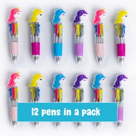 Toyseum 12 x Unicorn Multi All in One Colour Pens, Party Bag Fillers for Girls Party Bags, Cute Mini Unicorn Toy Stationary Pens for Gifts and Favours, Multi Coloured Pens 4 in 1, Pack of 12