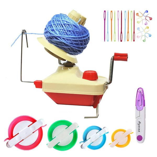 Ball Winders, Yarn Knitting Loom Crochet Swift Yarn Fiber String Ball Wool Winder DIY Tool Kit, 1Yarn Ball Winder+4Pompom Maker+10PS Knitting Stitch Markers+10PS Plastic Needles+1PS Scissors (26a)