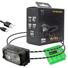 EdisonBright Nitecore NU25 UL 400 Lumen Dual Beam Light Weight LED Rechargeableheadlamp Charging Cable acrrying case Bundle