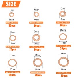 ADNEWX Pack of 200 Copper Sealing Rings Copper Rings Assortment M5 M6 M8 M10 M12 M14 Copper Sealing Ring Flat Washers for Car, Motorcycle Engine Connectors