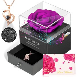ADDWel Rose Gifts for Girlfriend Romantic, Birthday Gifts for Mom Sister Wife Women Preserved Rose Music Box You are My Sunshine and I Love You 100 Languages Necklace Unique for Her