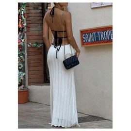 SOLY HUX Women's Tie Backless Maxi Halter Dress Deep V Neck Sleeveless Knit Elegant Dresses Solid White Small