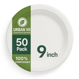 URBAN VII 9-Inch Compostable Paper Plates [50-Pack] – Heavy-Duty Disposable Bagasse (Sugarcane Fiber) Plates, Eco-Friendly Biodegradable Dinnerware, Microwave-Safe & Leak-Proof
