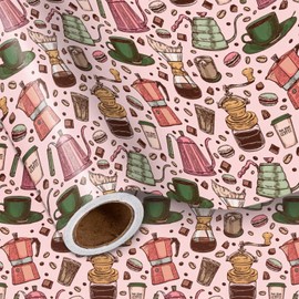 LeZakaa Coffee Wrapping Paper Roll, Brown Café Theme, with Moka Pot, Filter, Grinder, Cup, Elegant Design, for Lovers, Housewarming, Daily Use, for Adults, Men, Women, Mini Roll 17 in x 16.4 Ft