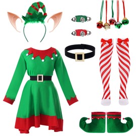 Ishua 13pcs Women Christmas Elf Costume, Christmas Adult Elf Costume Set, Women Elf Clothes Set with Elf Ears Striped Socks Accessories
