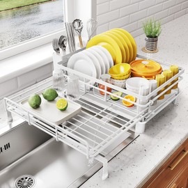 SNTD Dish Drying Rack - Extendable Dish Rack, Large Sink Drying Dish Drainer for Kitchen Counter, Stainless Steel Dish Strainer with Utensil Holder (White)