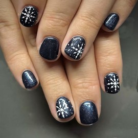 Christmas Press on Nails Short Square Fake Nails Black & White False Nails with Designs Snowflake Glitter Glossy Full Cover Glue on Nails Xmas Acrylic Nails for Women Girls 24 Pcs
