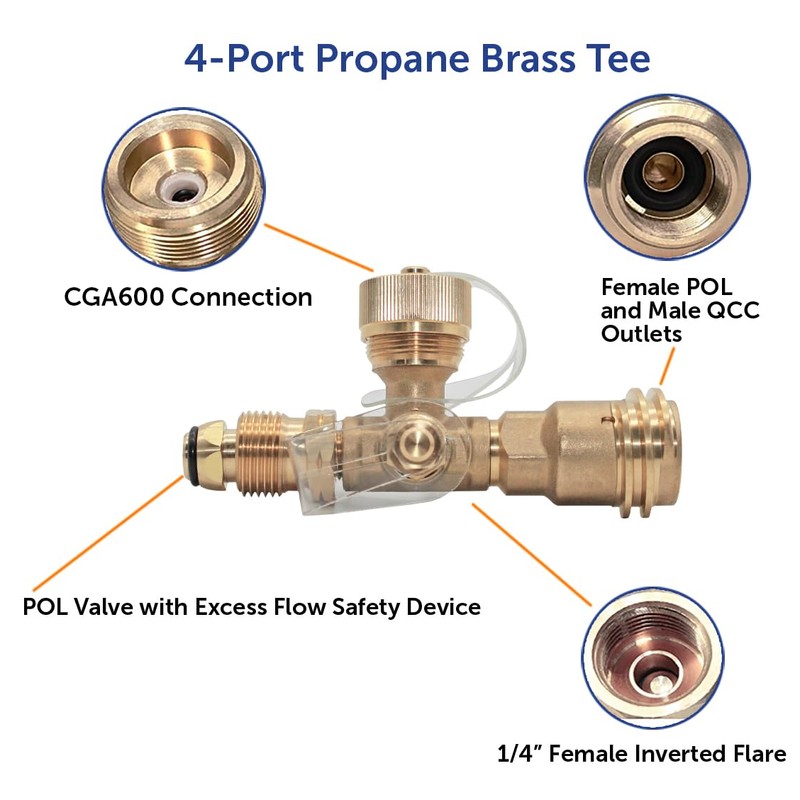 Flame King 4 Port Brass Tee Propane Adapter POL Inlet,