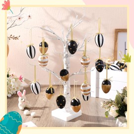 Black and White Easter Egg Tree Hanging Ornaments, 2.36'' Plastic Farmhouse Easter Eggs Rustic Decor for Spring Gift Basket Bowl Filler Table Centerpiece Party Favors(24 Pcs)
