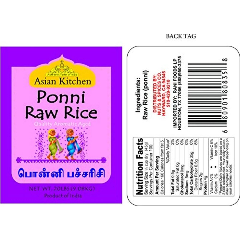 Asian Kitchen Ponni Raw Rice 20-Pound Bag, 20lbs (9.08kg) Short
