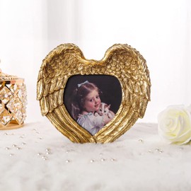 C&Z Vintage Picture Frame 4x4 Antique Angel Wings Heart Shaped Memorial Photo Frame with High Definition Glass Front for Home Decoration Table Art Bronze Gold Baroque Photo Display