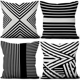 Aoihrraan 55 x 55 cm, Set of 4 Decorative Cushion Covers, Black, White, Modern Striped Pattern, Soft Plush Square Cushion Cover, Bed, Living Room, Outdoor, Balcony, Patio, Chair, Garden, Sofa