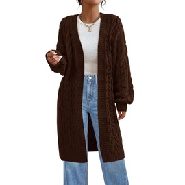 PRETTYGARDEN Long Sleeve Open Front Fall Sweaters for Women 2025 Cable Knit Long Cardigan Fashion Outfits with Pockets (Brown, Small)