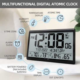 LFF Atomic Clock/Never Needs Setting, Battery Operated, Atomic Wall Clock with Indoor/Outdoor Temperature & Humidity, Wireless Outdoor Sensor, 15" Digital Wall Clock with 4.5" Numbers Easy-to-Read