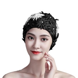 Vintage 3D Flowers Swimming Cap for Women Young Girls, Breathable Fabric Swim Caps Floral Beach Pool Swimming Hat Headwear Spring Spa Bathing Shower Cap for Short Long Hair
