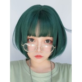 Wig, Bob, Short, Princess Cut, Green, Full Wig, Wig, Princess Hair, Women's, Straight, Natural, Small Face, Harajuku Style, Patty Bangs, Everyday, Heat Resistant