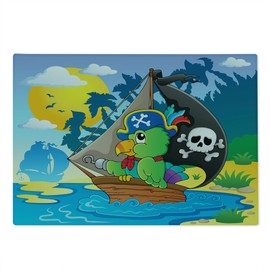 Lunarable Parrots Cutting Board, Image with Pirate Parrot Theme Boat Danger Skull Crossbones Hat Sun Comic Cartoon, Decorative Tempered Glass Cutting and Serving Board, Large Size, Multicolor