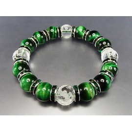 isigaii Natural Stone Green Tiger Eye Genuine Crystal Four God Hand Carved Rondel Approx. 0.5 inches (12 mm), Prayer Beads Bracelet, Power Stone