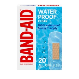 BAND-AID Brand Clear Waterproof Adhesive Bandages, Sterile First-Aid Bandages for Minor Wounds, Cuts & Scrapes, Clear Bandages with a Quilt-Aid Pad to Cushion Wounds, One Size, 20 ct