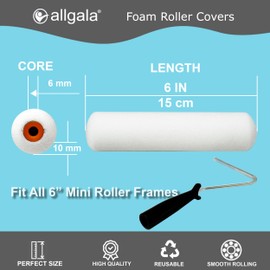 Allgala Foam Rollers, 6 Pack 6 inch Shedless Mini Foam Sponge Paint Roller Cover for Trim Wall Funiture Doors Cupboard Cabinets Doors