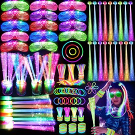 OLUPP 148 PCS Glow in the Dark Party Supplies, 16 Fiber Optic Wands, 14 LED Glasses, 100 Glow Sticks and 18 LED Hair Clips Fiber Optic for Neon Party, Wedding, Birthday, Concert, New Year