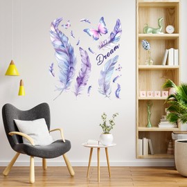 Wandtattoo Selbstklebend, Wandsticker Schmetterling Feder Violett, Wandaufkleber für Wohnzimmer Schlafzimmer Sofa Hintergrund Wanddekoration, 90 * 29cm/35 * 11zoll