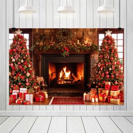 ZJRBJB 10x8ft Christmas Fireplace Photography Backdrop Rustic Fireplace Wooden House Decoration Backdrop Pine Wreath Brick Backgrounds for Photography New Year Party Decoration