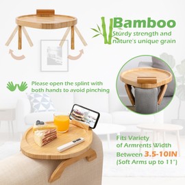 SINWANT Couch Arm Table,Large Bamboo Sofa Clip on Tray Tables with 360° Phone Holder,Foldable Couch Armrest Table, Folding Snack Eating Drink on Armrest