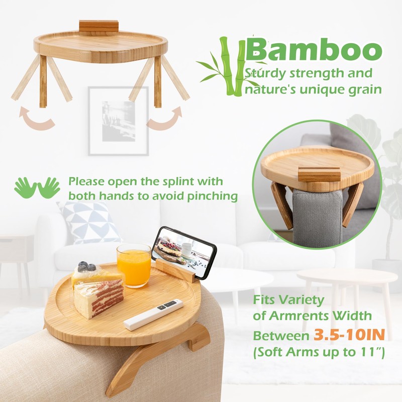 SINWANT Couch Arm Table,Large Bamboo Sofa Clip on Tray Tables