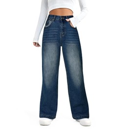 HDLTE Women's Wide Leg High Waist Baggy Boyfriend Jean - Loose Fit Denim Pants - Y2K 90s Deep Wash