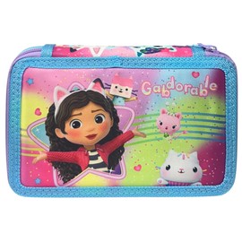 CARTOON Pencil Case 3 Zip Complete 44 Pieces for School Multi-Compartment Pens Pencils Colours Markers Giotto, Gabby's Dollhouse, modern