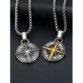 Zysta Men's Necklace with Compass Pendant Eight-Pointed Star Vegvisir Edesltahl Viking Necklace for Men Dad Gift, One size, Stainless Steel, No Gemstone