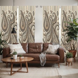 Ambesonne Paisley Window Curtains Pack of 2, Delicate Bohemian Leafy Motives on Stripes in Neutral Muted Colors, Lightweight Set with Rod Pocket, 4 Panels of - 28" x 84", Warm Taupe Ivory and Sepia