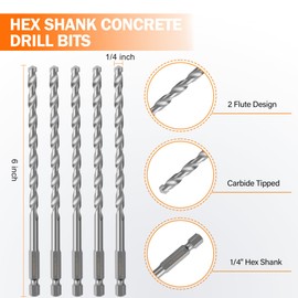 KENDO Hammer Drill Bits - Multi-Purpose 1/4" x 6" Rotary Carbide Drill Bit Set 5-Piece Carbide Tips for Concrete, Brick, Wood, Tile, for DIY Lovers
