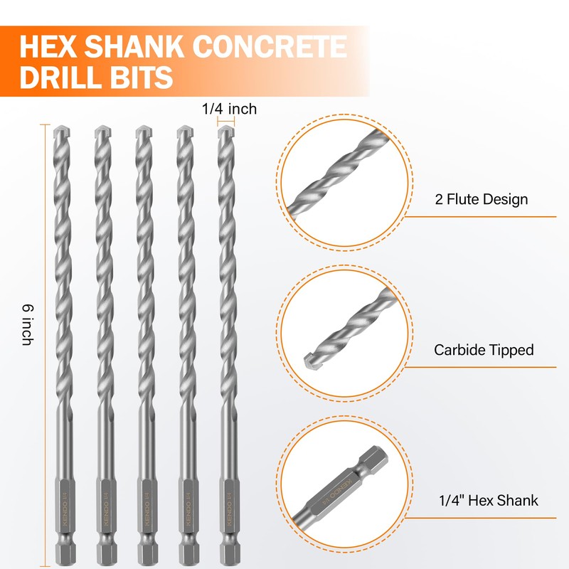 KENDO Hammer Drill Bits - Multi-Purpose 1/4" x 6" Rotary