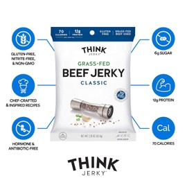 Think Jerky Classic Beef Jerky, Grass-Fed High Protein Beef Jerky, Gluten Free, No Antibiotics or Nitrates, Healthy Chef Crafted Recipe, Low Calorie and Low Fat - 2.2 oz Bags, 4 Pack
