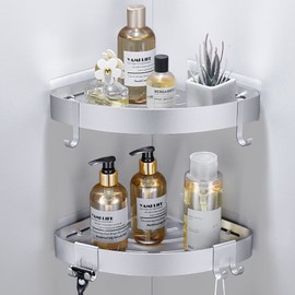 DUFU Adhesive Corner Shower Caddy with Hooks,Bathroom Shower Organizer, No Drilling Rust Proof Aluminum Shower Shelf for Inside Shower 2 Pack (Silver)