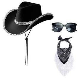 HDGSAFD 1 Black Cowboy Hat, 1 Pocket Square With Fringe And 1 Sunglasses, Cosplay Accessories, Fashion Retro Dress Accessories, Women Accessories, black