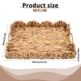Wicker Scalloped Tray Hand-Woven Large Storage Baskets with Handles Square Rattan Tray with Built-in Handles Water Hyacinth Decorative Basket for Organizing Pantry Bathroom Toilet