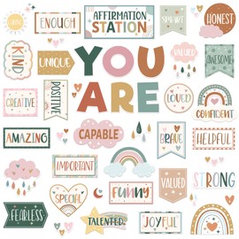 Weekgrat 45pcs Boho Affirmation Station Bulletin Board Set Motivational Posters Classroom Mirror Growth Mindset Decor Positive Affirmations Accents Cutouts for School Office Home Teacher Wall Supply