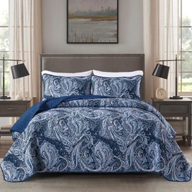 DJY Navy Paisley Quilt Set Queen Boho Bedspread Coverlet Set 3 Pieces, Soft Lightweight Microfiber Navy Blue Paisley Floral Pattern Bedding for All Season, 96"x90"