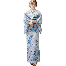 Aletta domani Women's Yukata 2-Piece Set, Yukata Belt Set, Half Width Belt, Reversible, 100% Cotton, Classic Pattern, Fireworks Festival, Drops Hydrangea Flower Off White