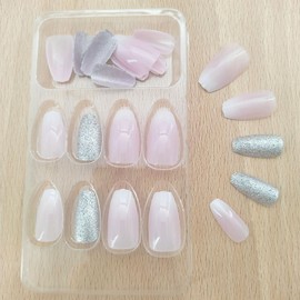 Short Press on Nails Coffin Cute Glitter Sequins Fake Nails with Light Pink Gradient Designs Acrylic Nails Press ons Reusable Semi-Transparent Stick Glue on Nails for Women and Girls 24 Pcs