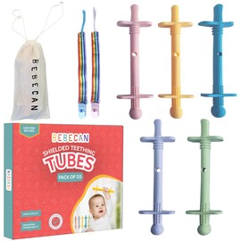 Bebecan Shielded Teething Tubes – Baby Teething Toys 0-36 Months, Anti-Choking Design, Clip-Attachable, BPA-Free Silicone, 5 Soft Tubes + 2 Teether Clips + 2 Brushes + Storage Bag