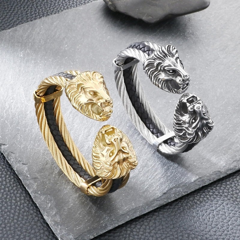 Klapgo Men's Gold Bracelet Viking Lion Head 316 Stainless Steel