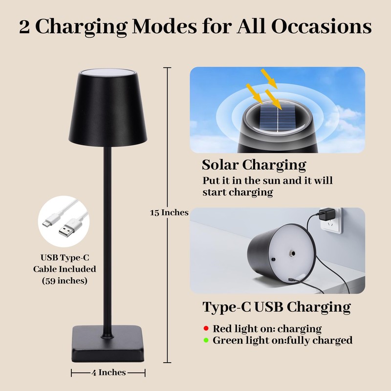 Livinlarge Cordless Table Lamps,Rechargeable Outdoor Solar LED Lamp,Portable USB Desk